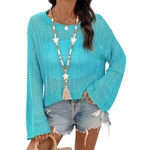 Light Blue Crochet Beach Cover Up Bell Sleeve Mesh Sweater
